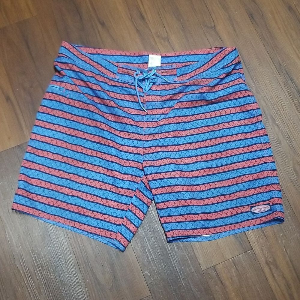 Vineyard Vibes Red Blue Fish Scales Striped Swim Board Shorts Size 42